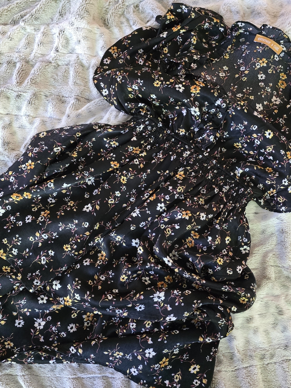 Black Floral Smocked Waist Women’s Dress